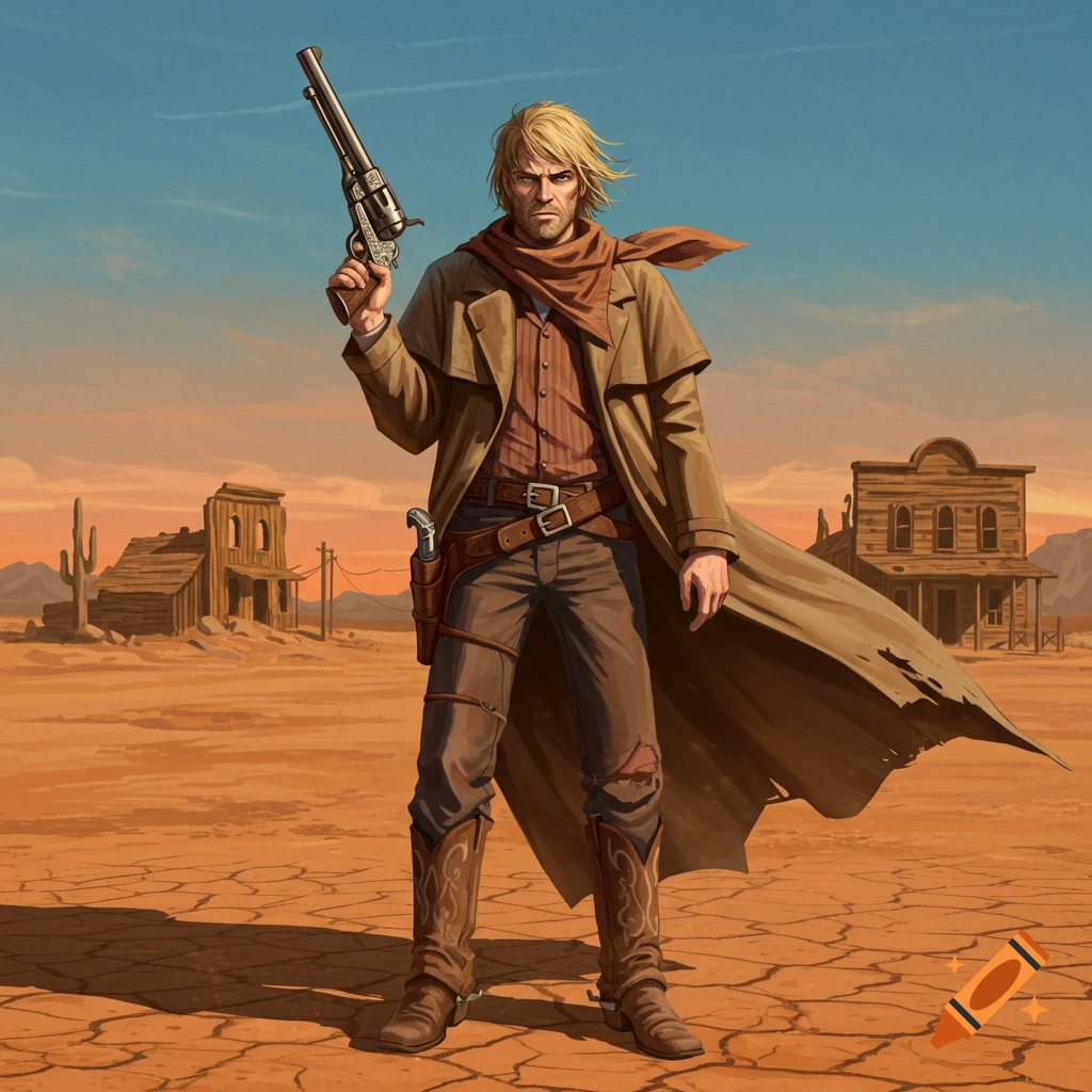 A blonde Wild West gunslinger in a duster coat stands in a desert ghost town, holding a long-barreled revolver. Illustration.