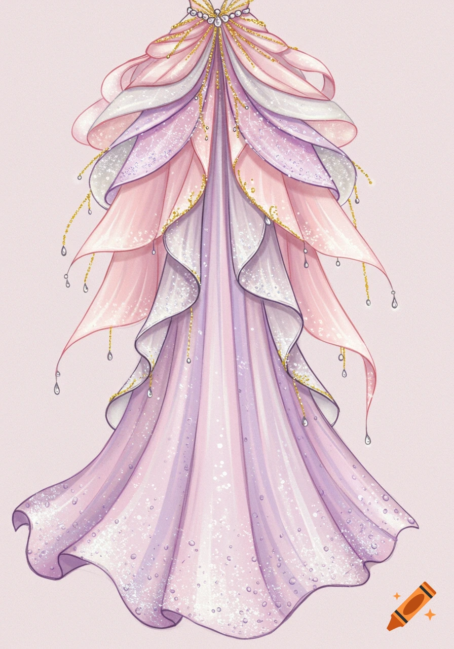 A whimsical sketch of a flowing fairy dress in pastel pink and purple, adorned with glitter and gold chains.