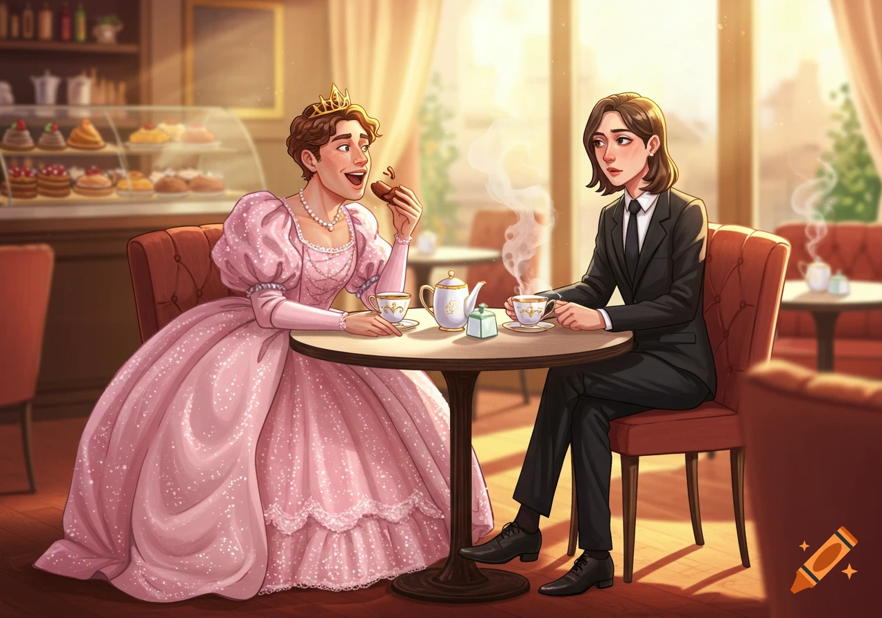 A person in a pink princess dress and a person in a black business suit sit at a table drinking tea in a cafe.
