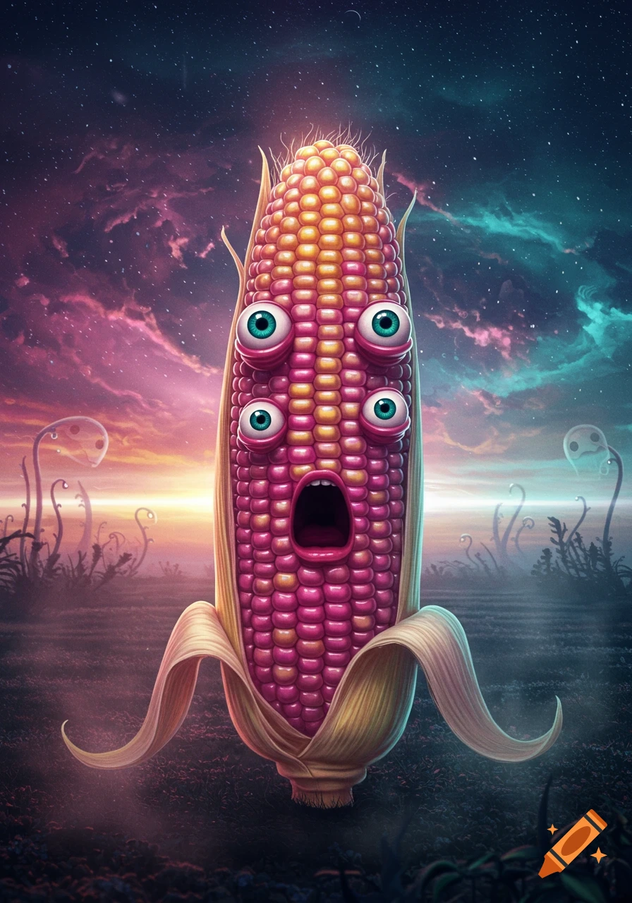A terrified alien ear of corn with multiple bulging blue eyes and an open screaming mouth stands in a dark field under a vibrant purple and teal night sky.