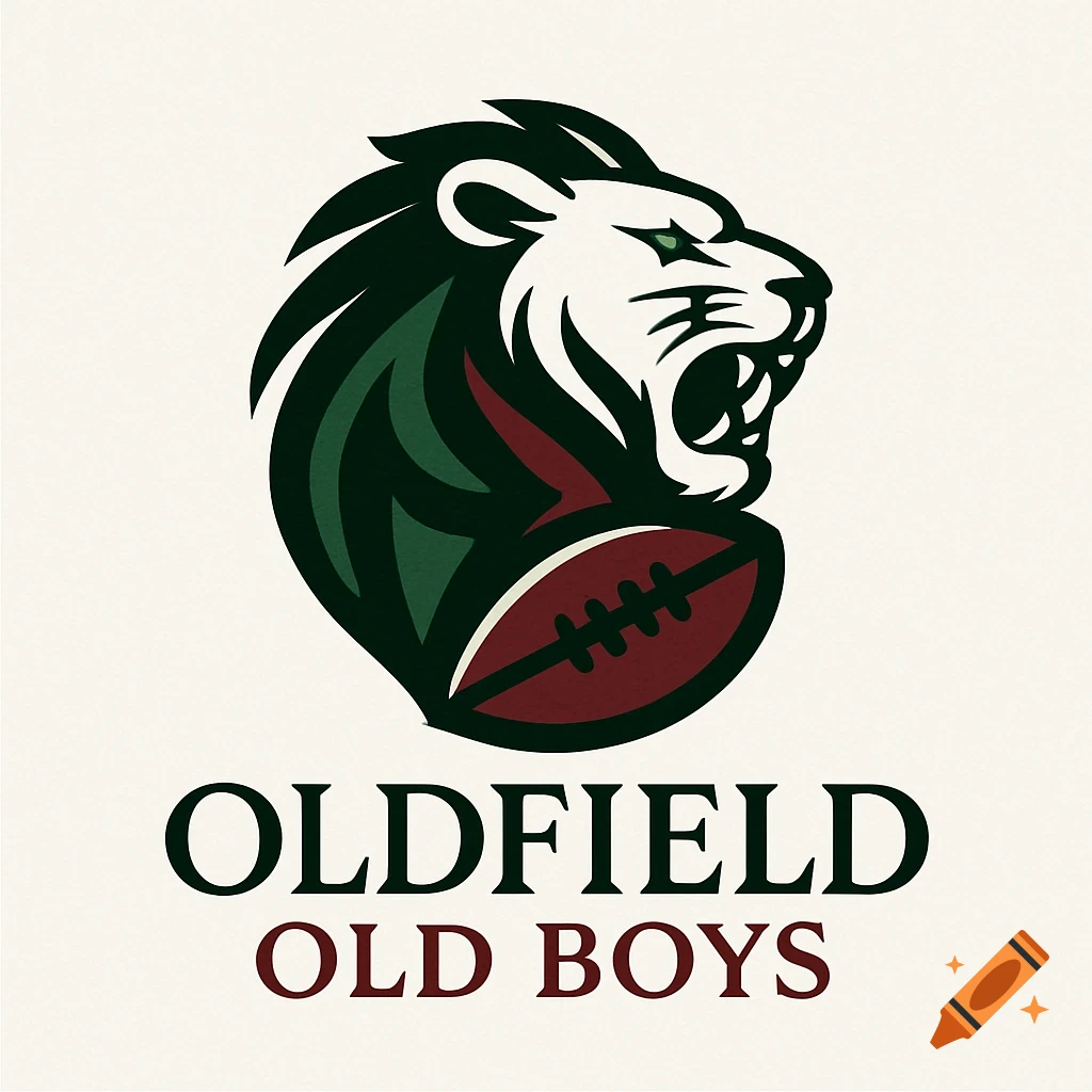 A stylized logo for a rugby club featuring a roaring lion's head combined with a rugby ball, and the text "OLDFIELD OLD BOYS" below.
