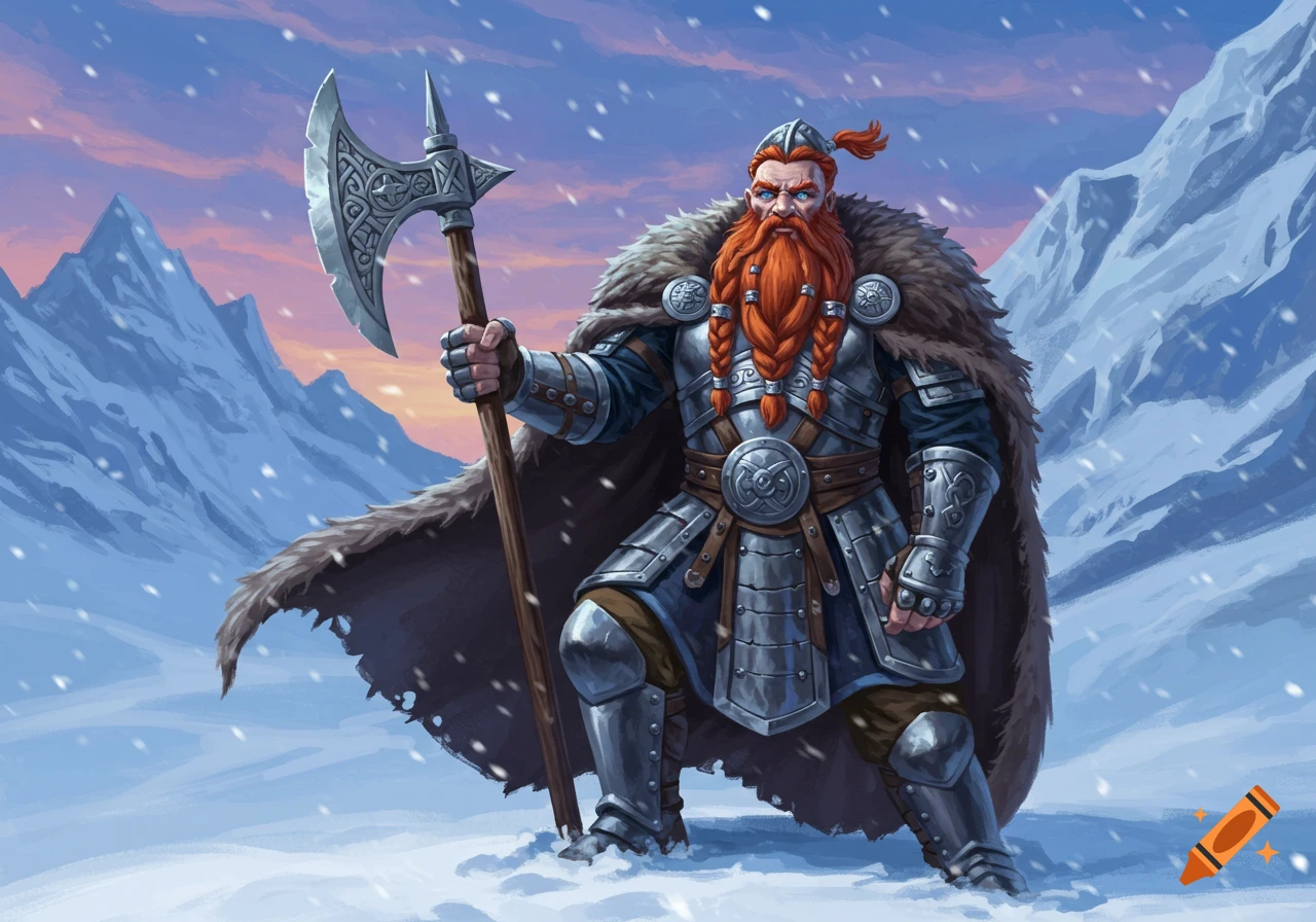 A stylized dwarf warrior with a braided red beard and armor holds a large axe in a snowy mountain landscape at sunset.