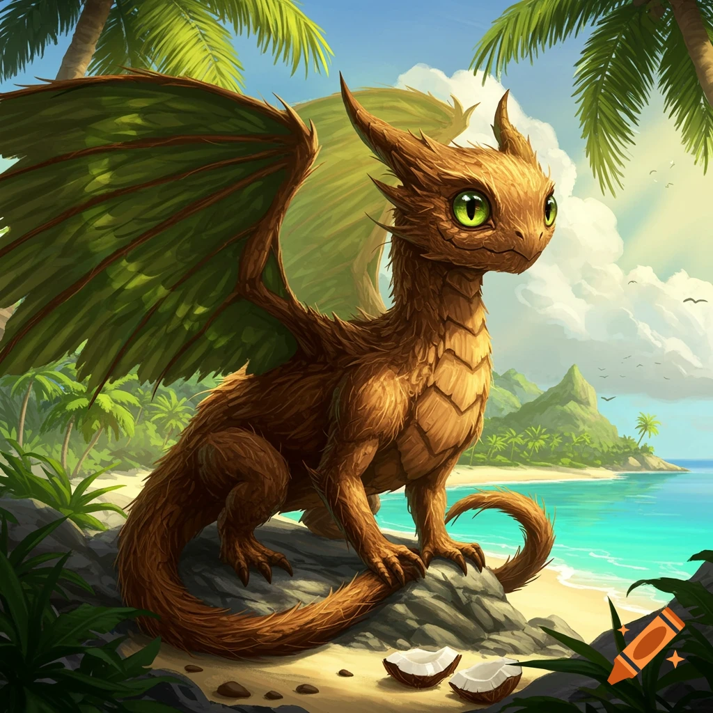 A cute brown dragon with green wings and eyes sits on rocks on a tropical beach with palm trees and blue ocean, next to broken coconuts.