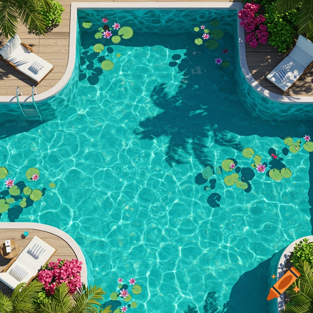 Aerial view of a turquoise swimming pool with lily pads, lounge chairs on wooden decks, and vibrant pink flowers surrounded by green plants.