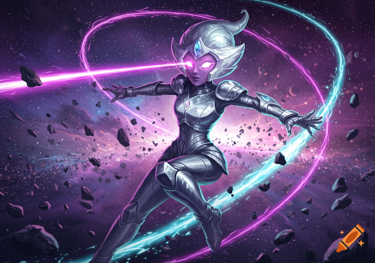 An armored alien character with glowing purple eyes flies through space, emitting pink and blue energy beams amidst asteroids.