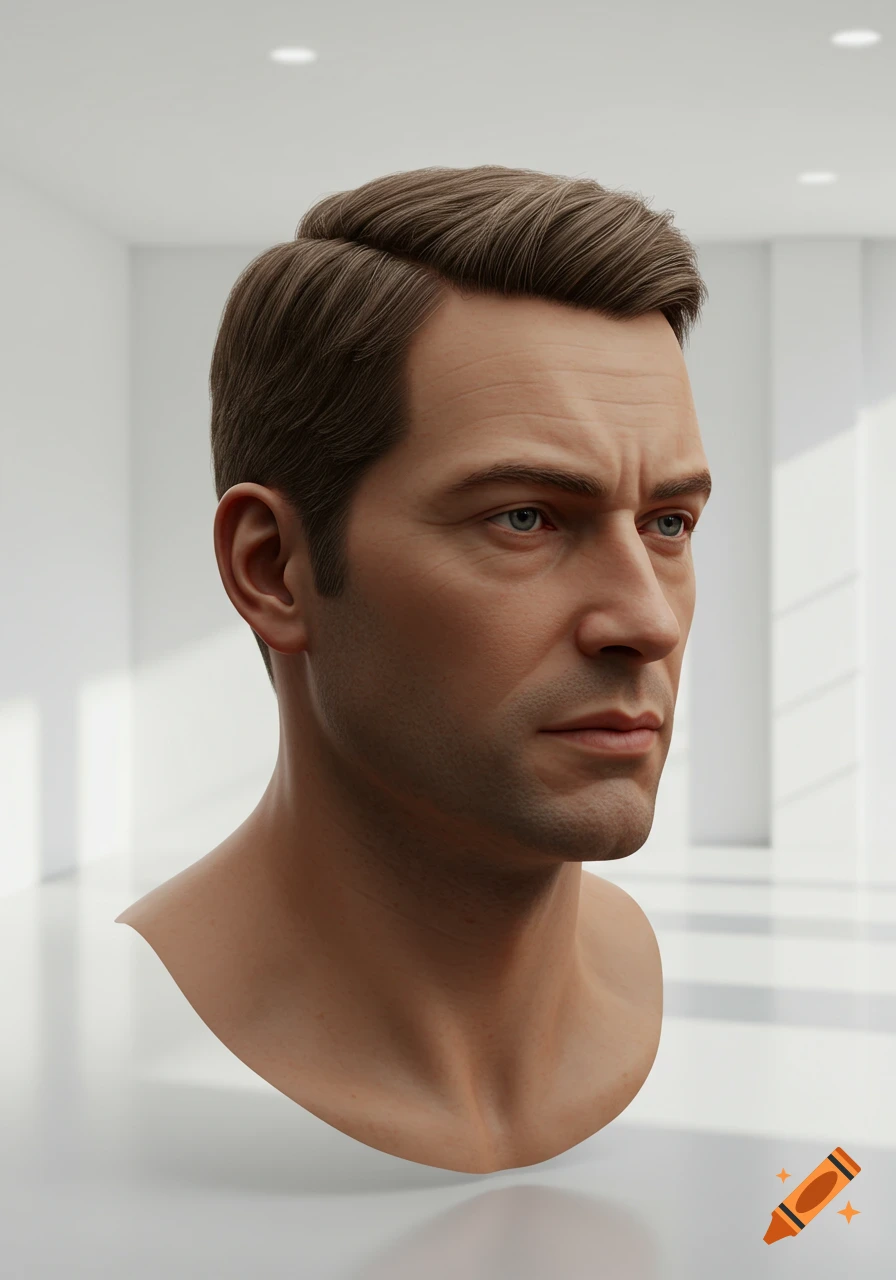 A photorealistic 3D render of a man's head and shoulders, viewed from a 3/4 angle in a bright white room.