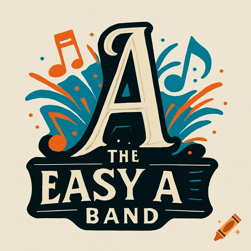 A vintage-style logo for "The Easy A Band" featuring a large stylized letter A, text, and music notes in orange, blue, and black on a light background.