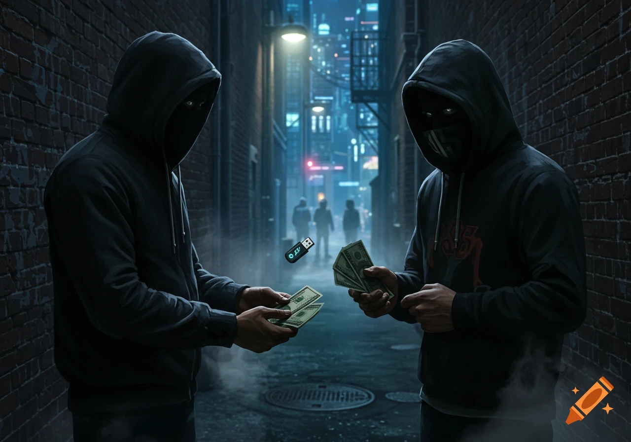 Two hooded figures exchange money for a glowing USB drive in a dark, neon-lit alley at night, in a photorealistic style.