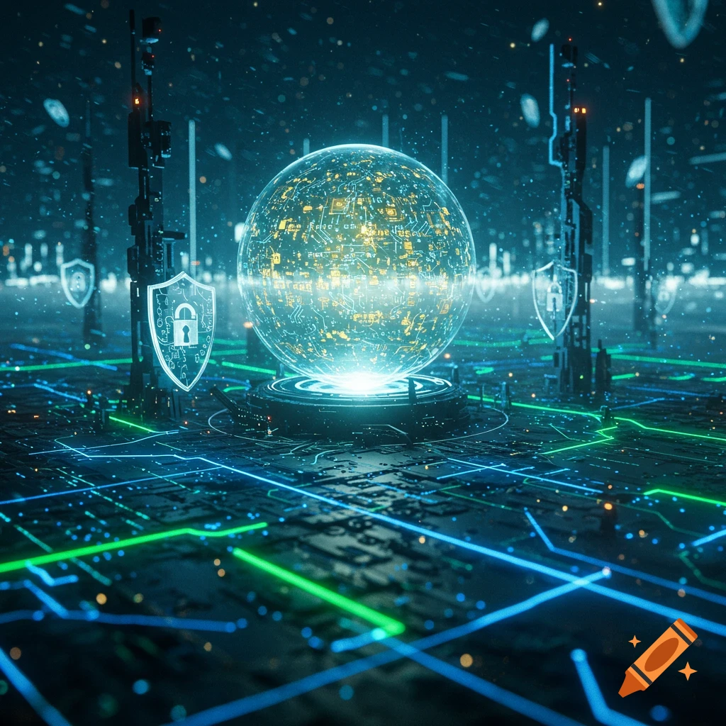 A glowing blue sphere with circuit patterns in a dark, futuristic digital environment with neon lines and security shield icons.
