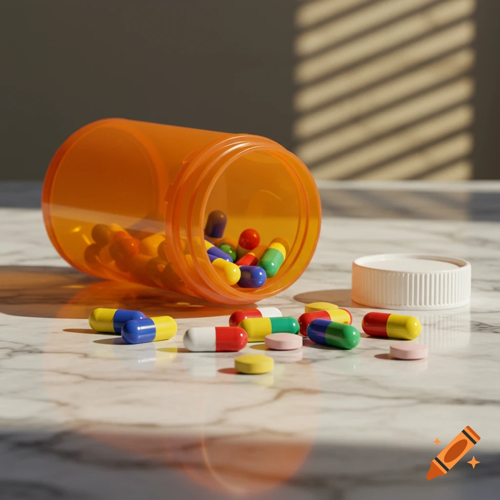 An orange pill bottle lies on its side, spilling colorful pills onto a white marble surface with a white cap nearby.