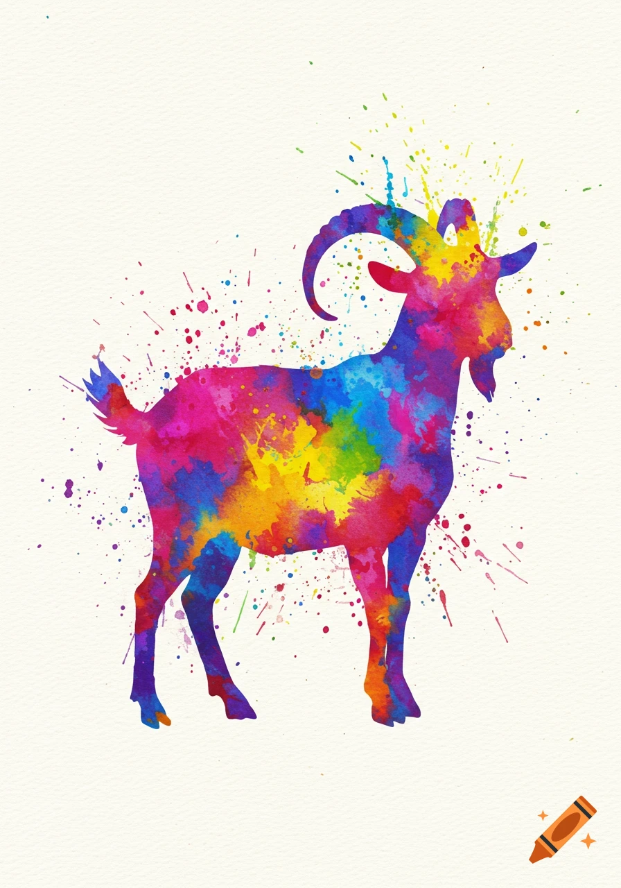 A vibrant watercolor silhouette of a goat, filled with splashes of rainbow colors, on a textured paper background.