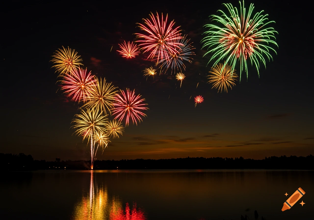 Colorful fireworks illuminate the night sky above a calm lake, reflecting their vibrant explosions on the water.