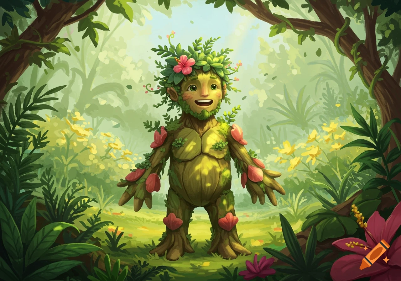 A whimsical illustration of a smiling, leafy plant creature standing in a lush, green forest.