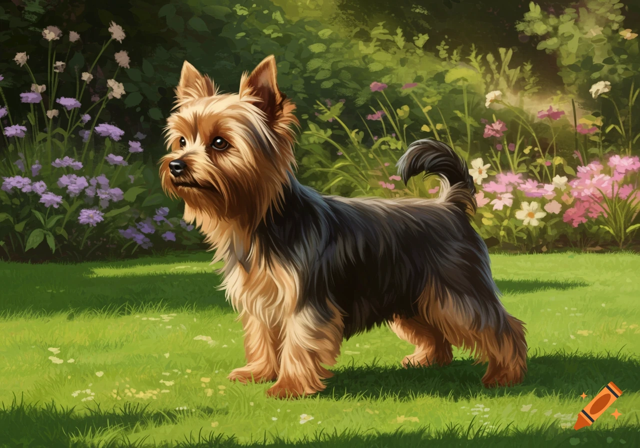 A Yorkshire Terrier dog stands in a sunny green garden with purple and pink flowers, depicted in a painterly style.