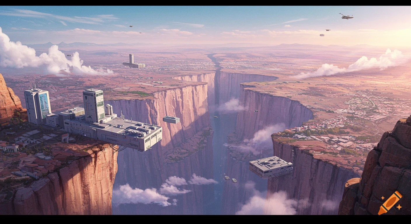 A photorealistic rendering of futuristic buildings integrated into expansive canyons, with flying vehicles in a vast desert landscape.