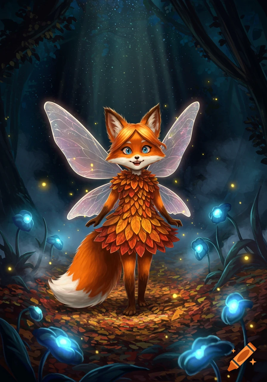 A cute fox fairy with iridescent wings and an autumn leaf dress stands in an enchanted forest with glowing blue flowers.
