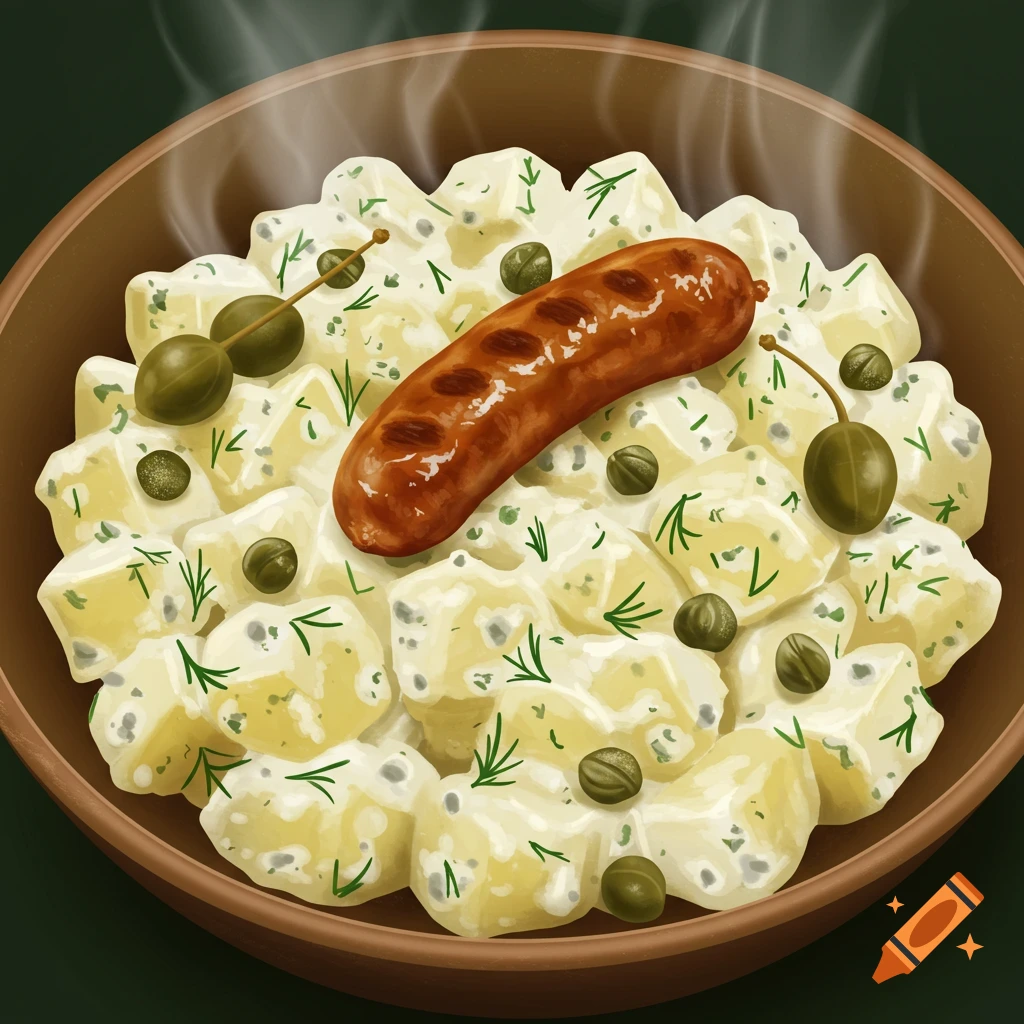 An illustrated bowl of potato salad topped with a brown sausage, green capers, and fresh dill sprigs, with steam rising.