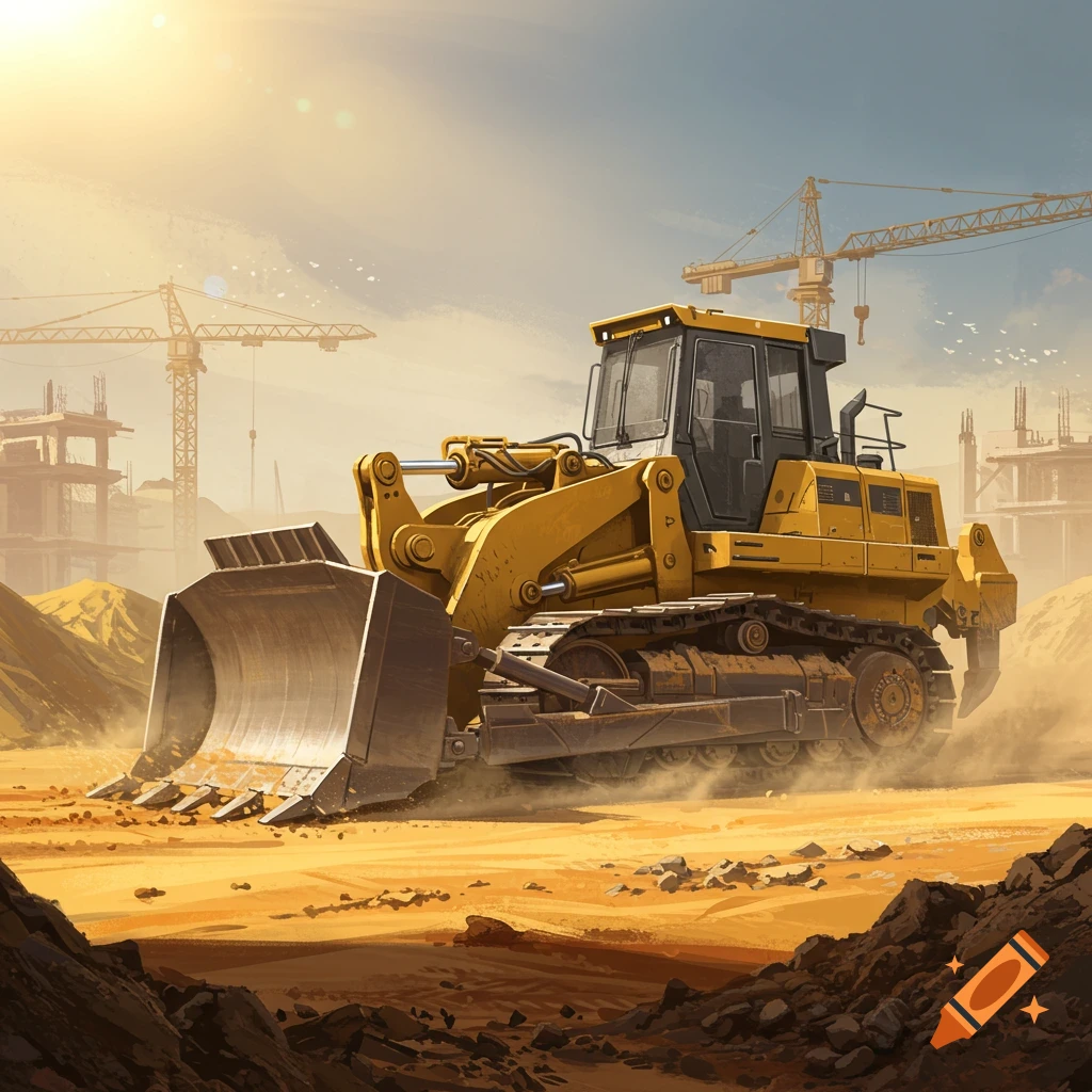 A yellow dozer on a dusty construction site with cranes and unfinished buildings in the background under a bright sky.
