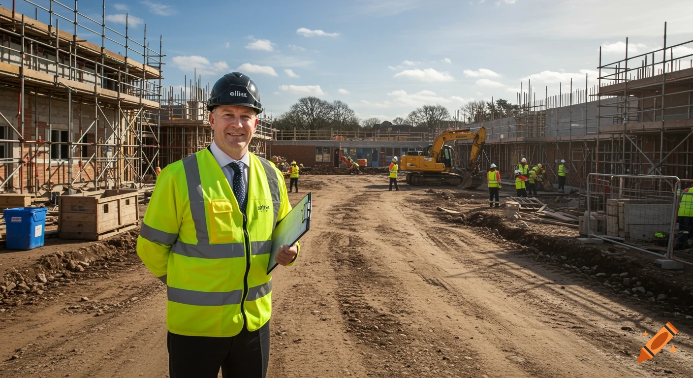 A man in a black hard hat and a hi-vis vest stands at a sunny construction site with a school under construction in the background.