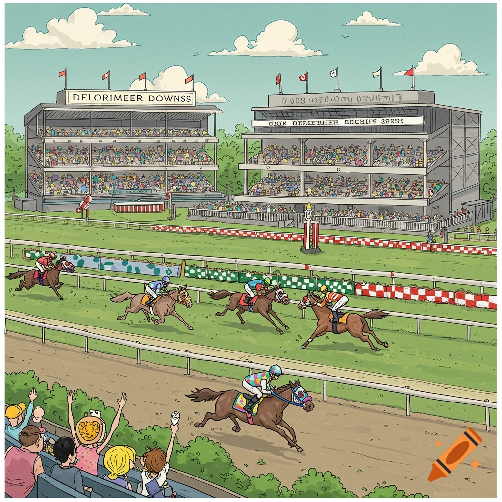 A cartoon illustration of a horse race at Delorimier Downs, with spectators in grandstands under a blue sky.