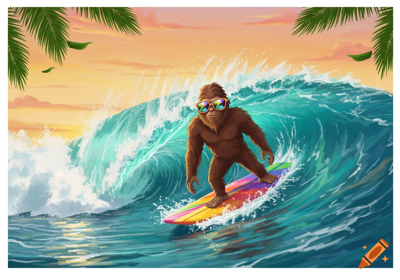 A cartoonish Bigfoot wearing sunglasses surfs a large ocean wave with a colorful surfboard at sunset, with palm fronds framing the top.