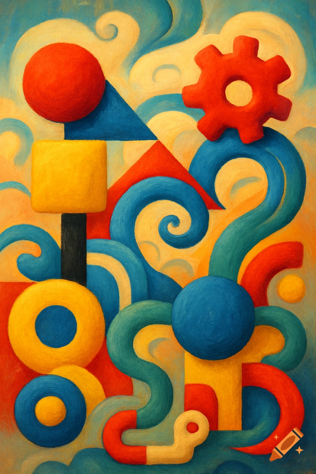 Abstract painting with colorful, textured geometric and organic shapes including spheres, triangles, squares, rings, and swirling tubes.