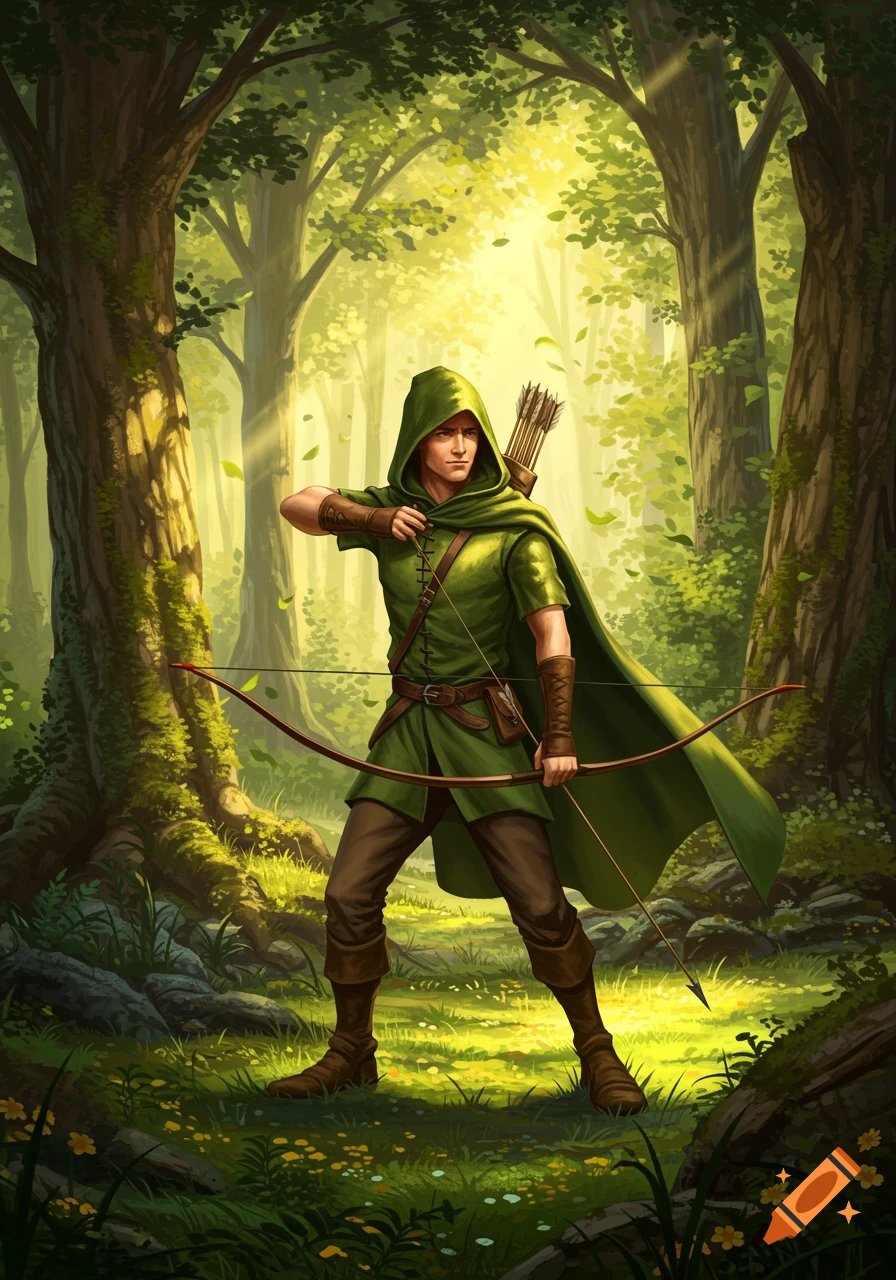 A male archer in green, resembling Robin Hood, aims a bow and arrow in a sunlit forest.