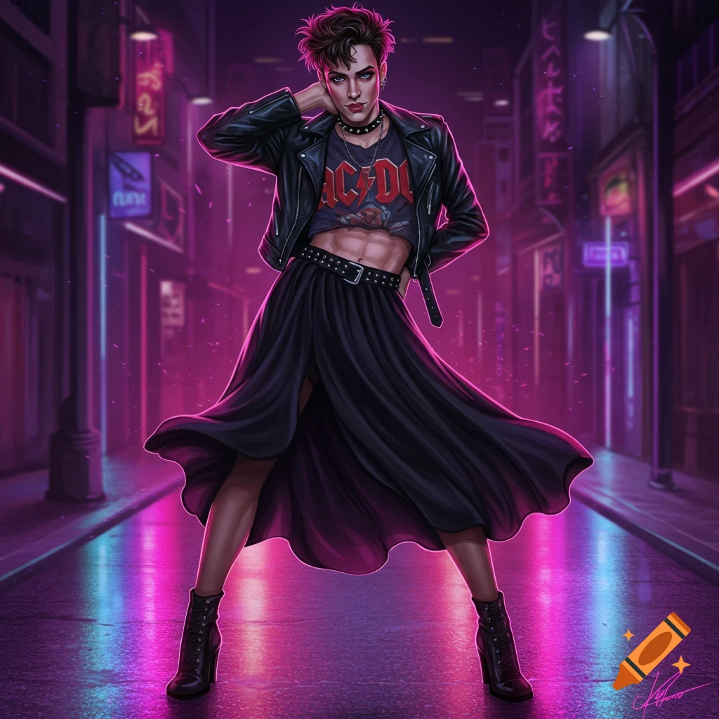 An effeminate male rocker in a leather jacket, AC/DC crop top, and flowing skirt poses in a neon-lit cyberpunk street.