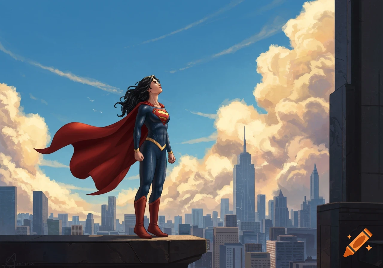 A dark-haired superhero in a blue suit with a red cape and 'S' symbol stands on a rooftop looking at a city skyline and cloudy sky.