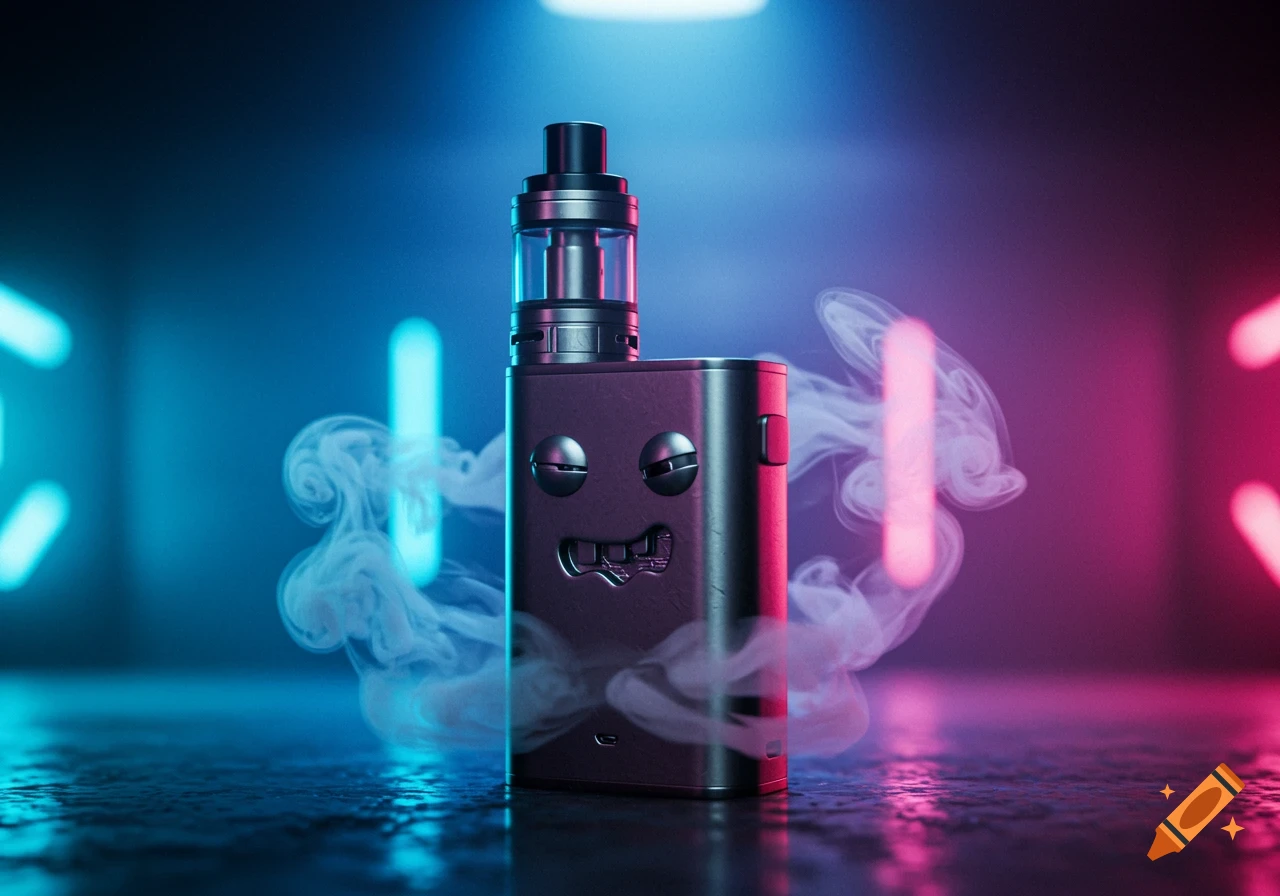 A metallic vape device with a sculpted smiley face emits vapor, illuminated by neon blue and pink lights.