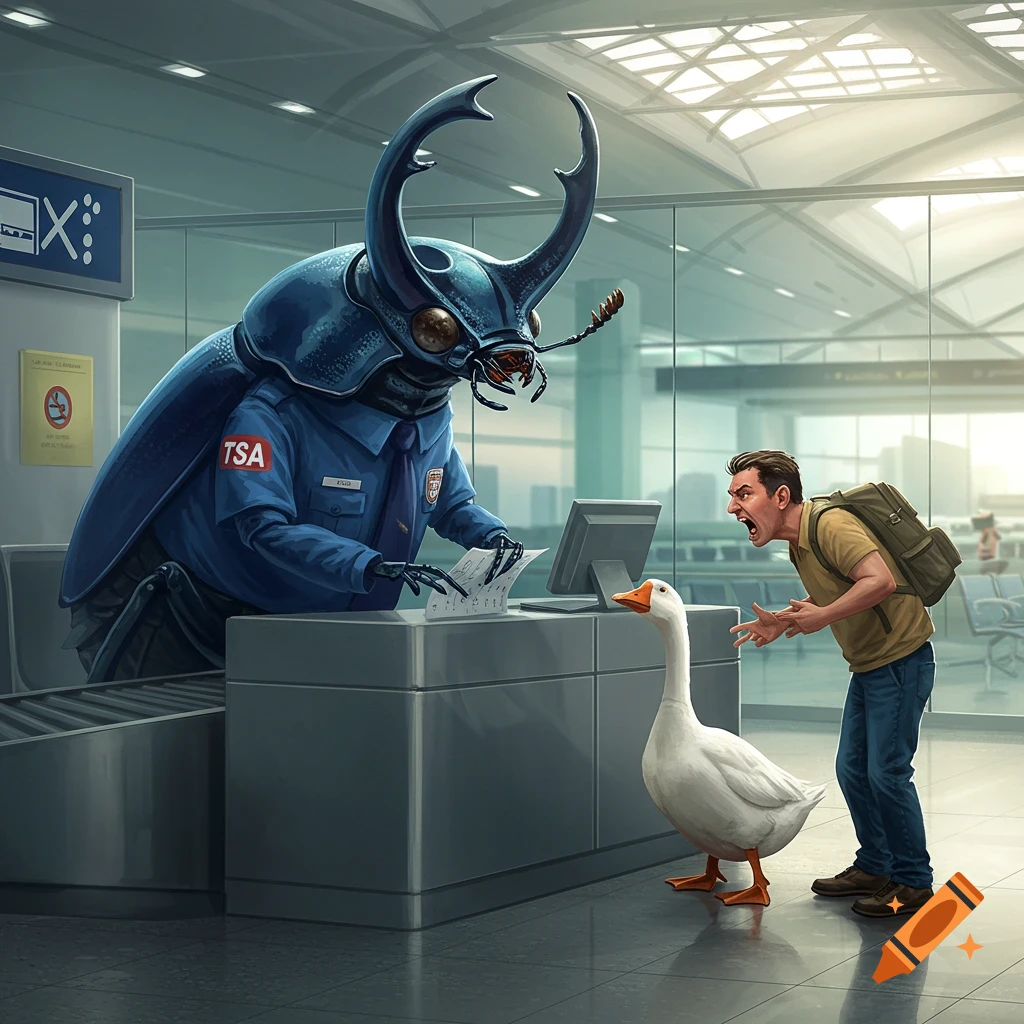 A giant beetle in a TSA uniform sits behind a desk at an airport, looking at a paper. A man shouts at the beetle, while a goose stands between them.
