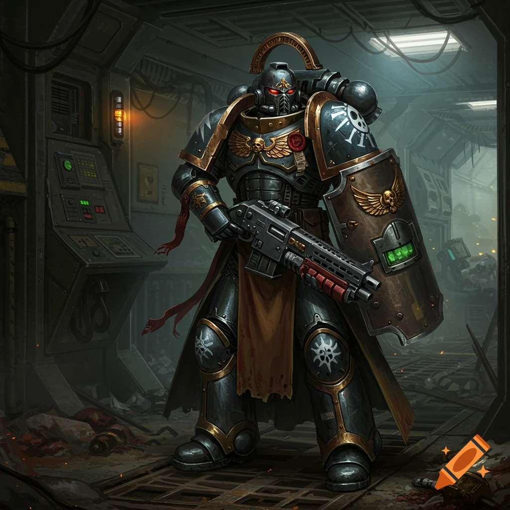 A heavily armored Space Marine in dark power armor with gold trim, holding a shotgun and a shield, stands in a dark, grimy sci-fi corridor.