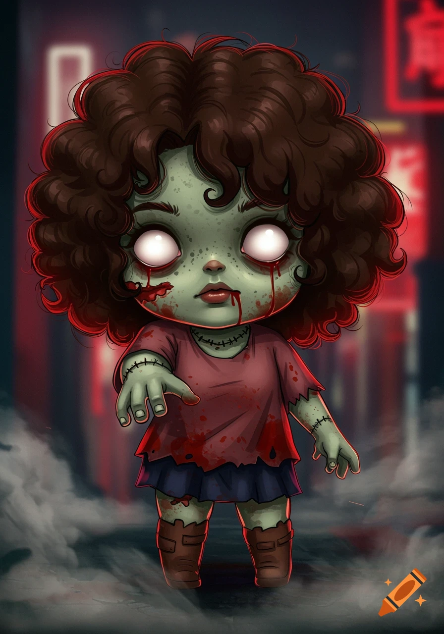 A cute, stylized cartoon zombie girl with curly brown hair, green skin, and white eyes drips blood while reaching forward in a city alley at night.