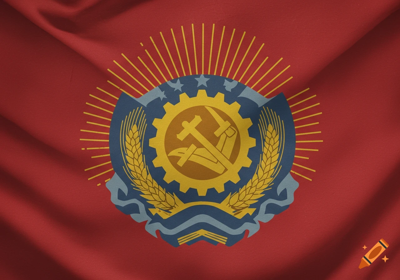 A red flag featuring a central yellow and blue emblem with a gear, crossed hammer and pickaxe, wheat, and radiating lines.