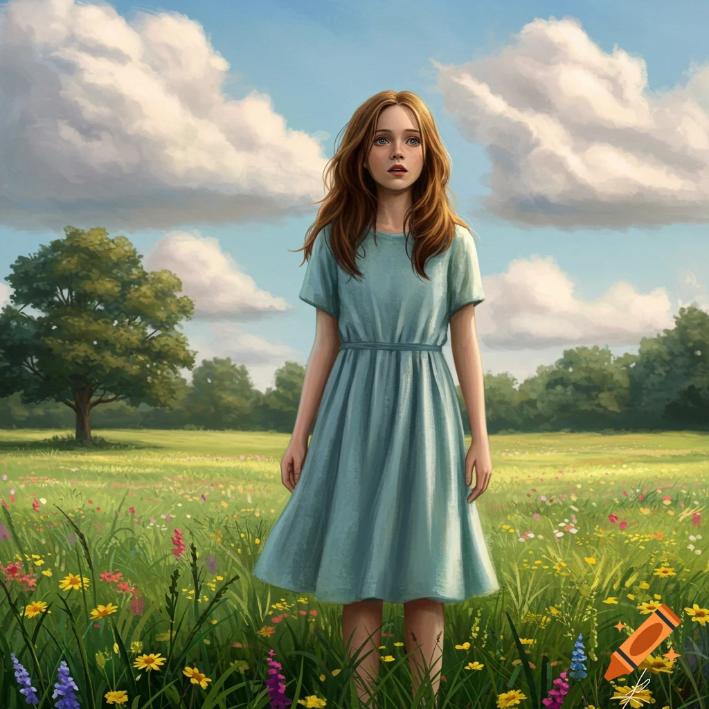 A young girl in a blue dress stands in a vibrant wildflower field under a cloudy sky. Illustrated style.