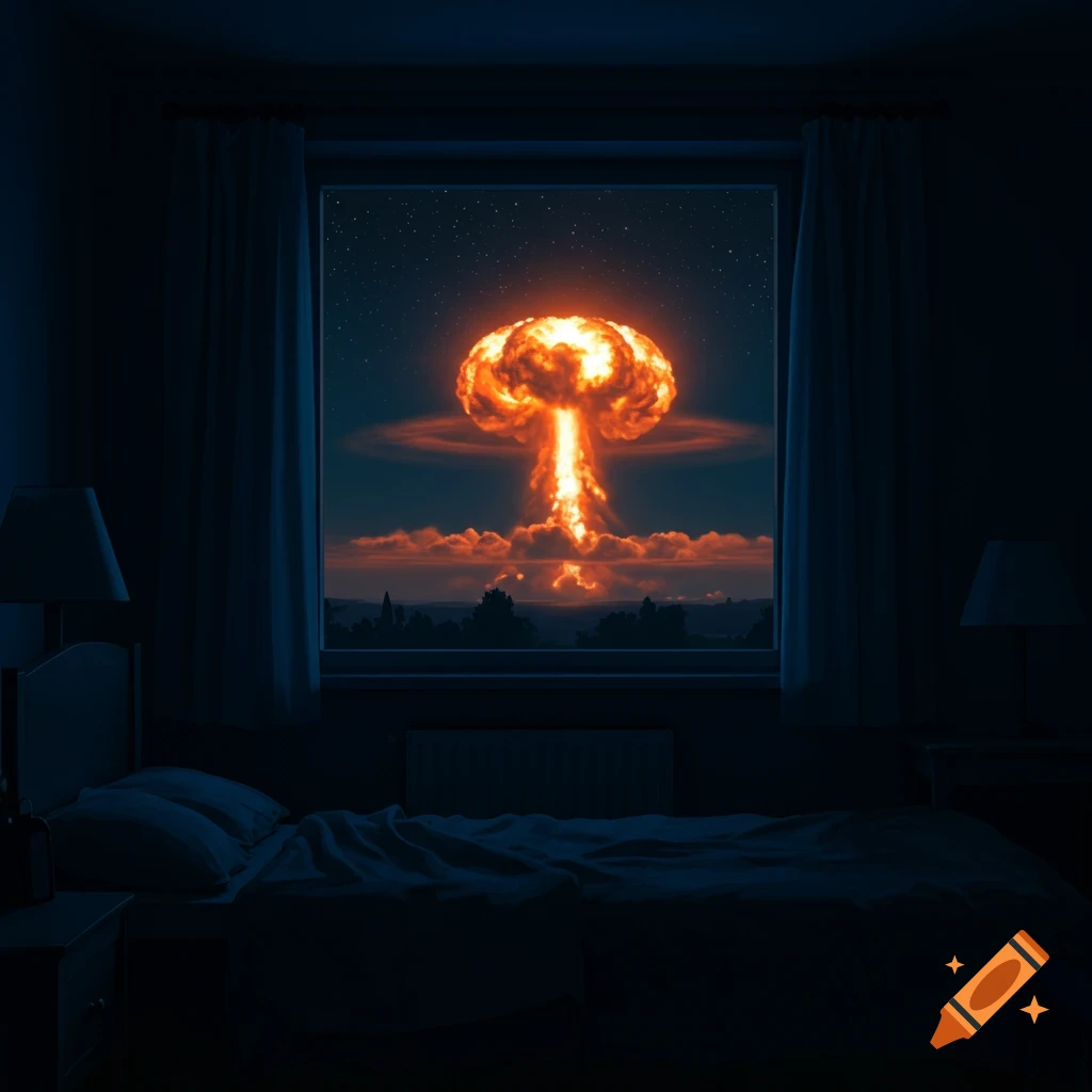 A photorealistic image of a mushroom cloud from a nuclear explosion seen through a bedroom window at night.
