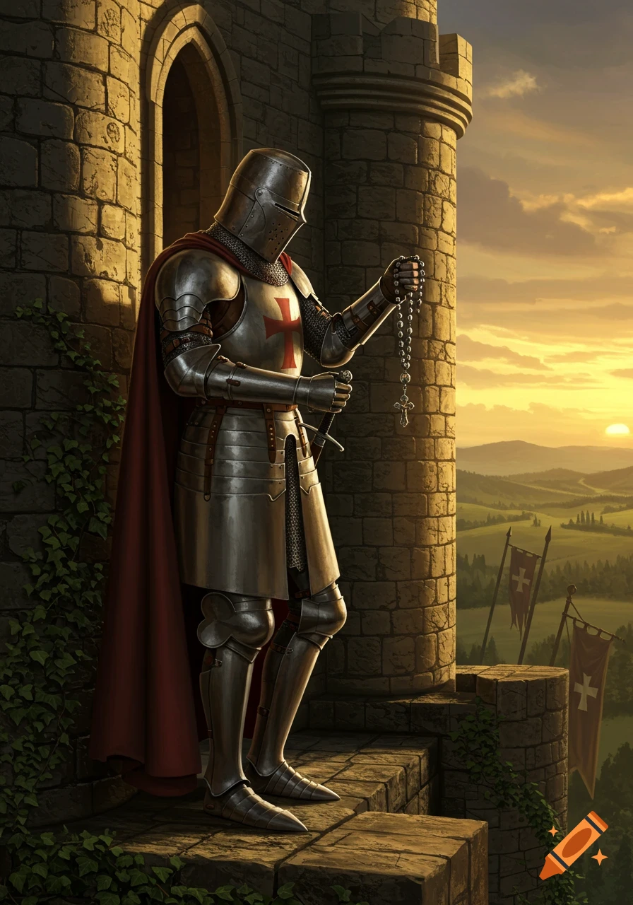 A medieval knight in full armor and a red cape stands on a castle parapet, holding a rosary at sunset.