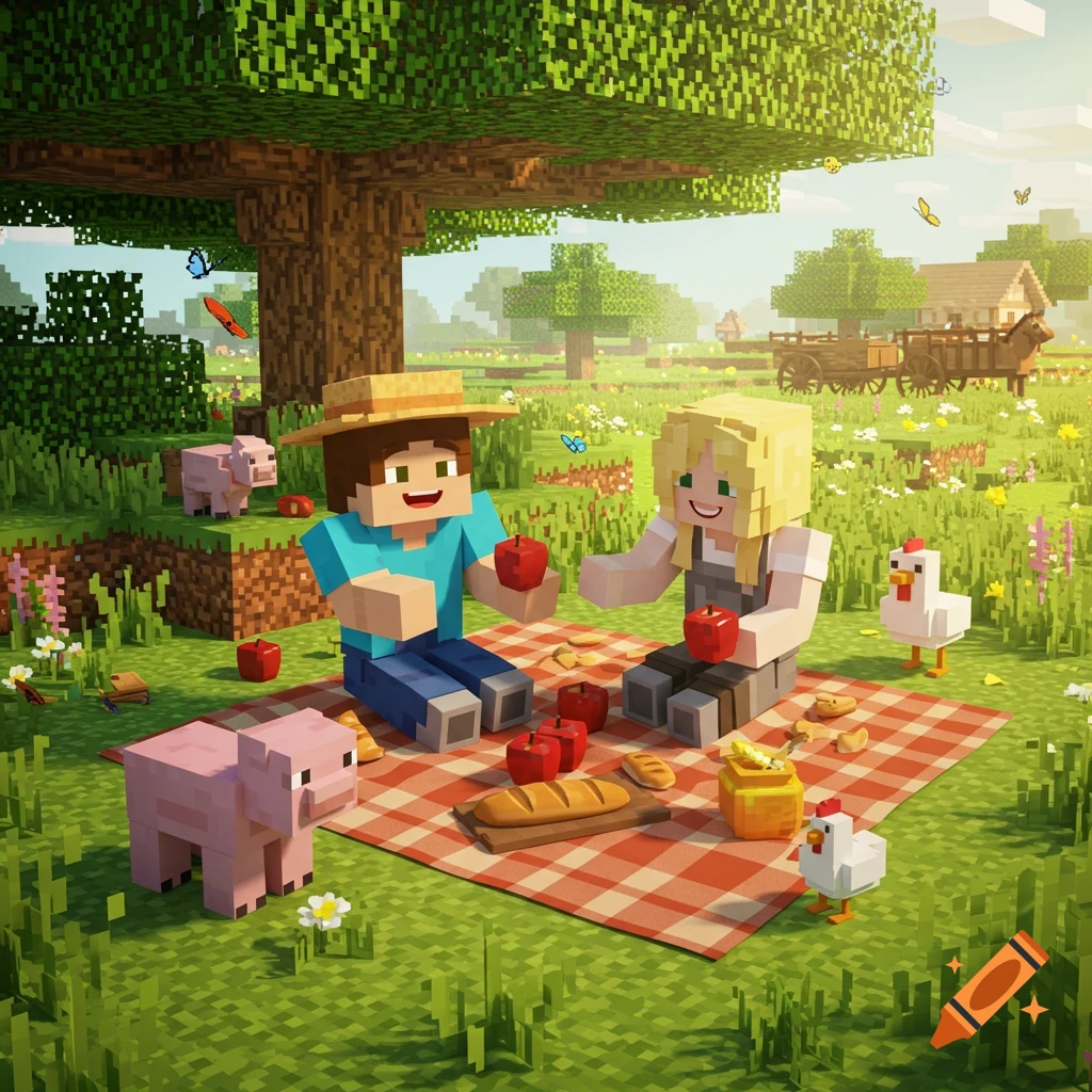 Two Minecraft-style characters have a picnic under an oak tree with pigs and chickens in a sunny meadow.