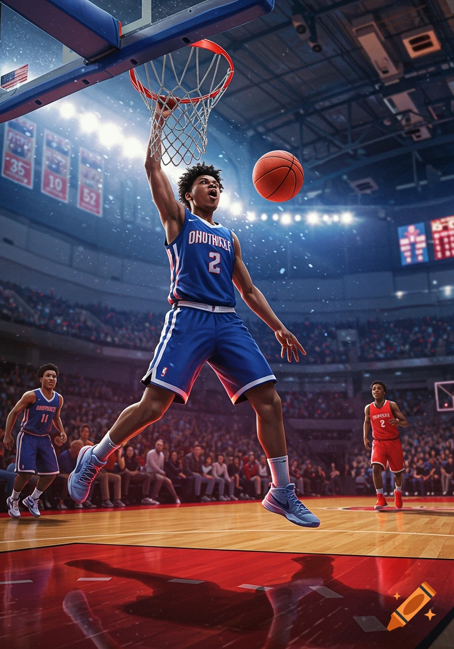 A young basketball player in a blue jersey with the number 2 dunks a basketball in a brightly lit arena during a game.