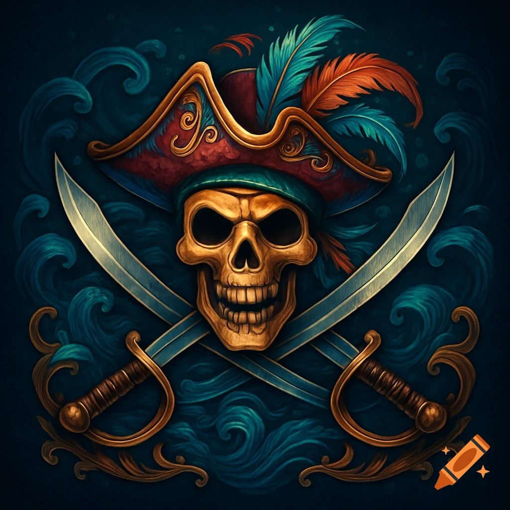 A golden skull wearing a pirate hat with feathers and two crossed swords, against a dark blue wavy background.