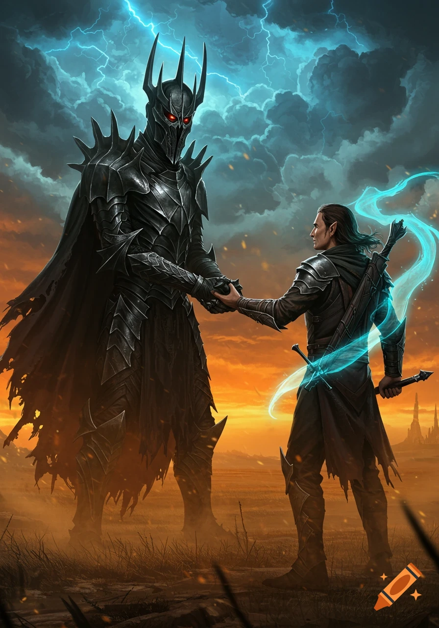 Two armored fantasy characters, one large and dark, the other elf-like with a glowing sword, shake hands under a lightning-filled sky in an epic style.