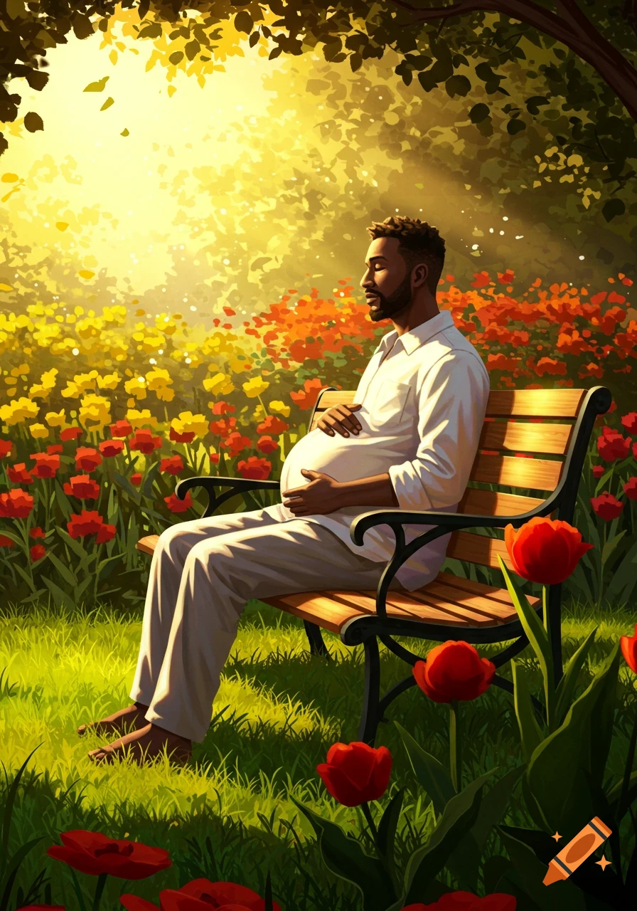 A pregnant man sits peacefully on a park bench in a sunny, vibrant garden filled with red and yellow flowers.