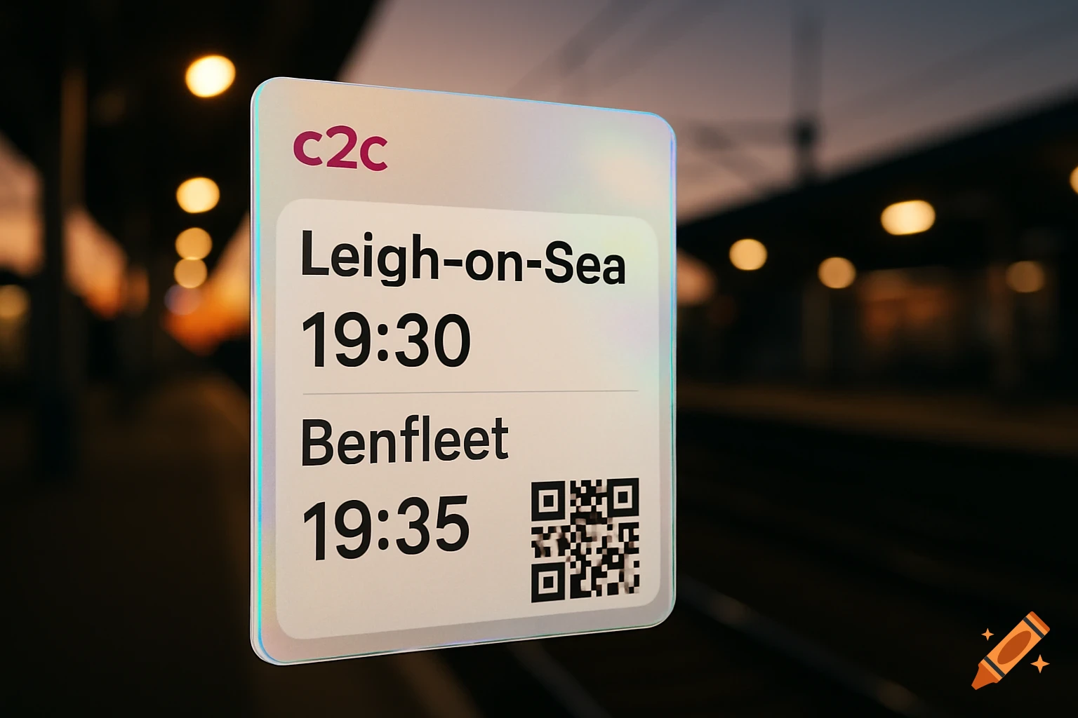 A digital c2c train ticket for Leigh-on-Sea to Benfleet, showing times 19:30 and 19:35, with a QR code.