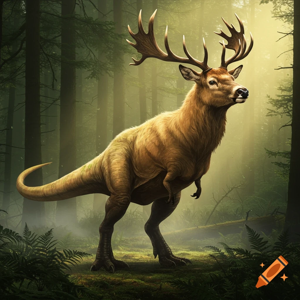 A photorealistic hybrid creature with a T-Rex body and a deer head with antlers stands in a misty forest.
