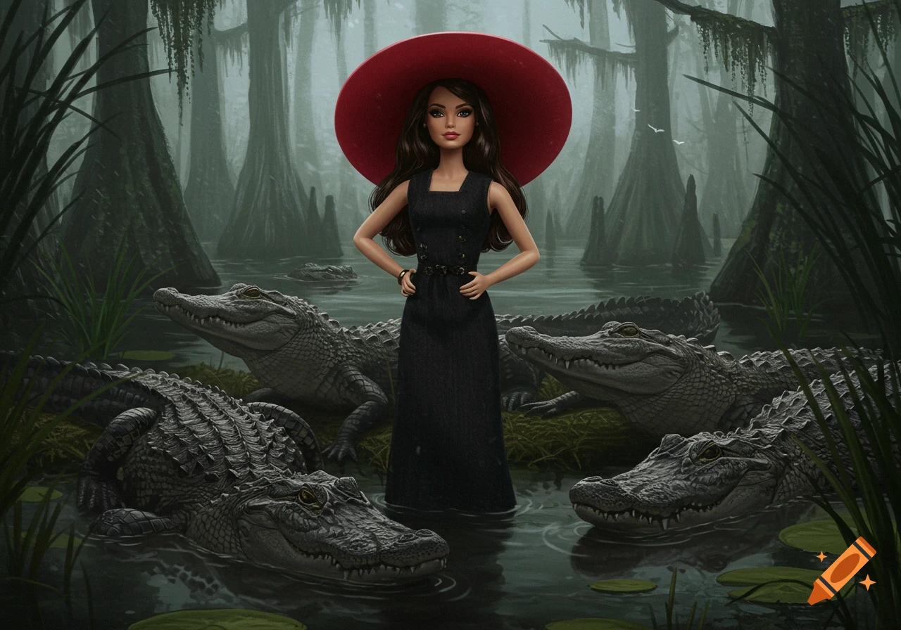 A Barbie doll in a black dress and red hat stands in a swamp, surrounded by alligators and cypress trees.