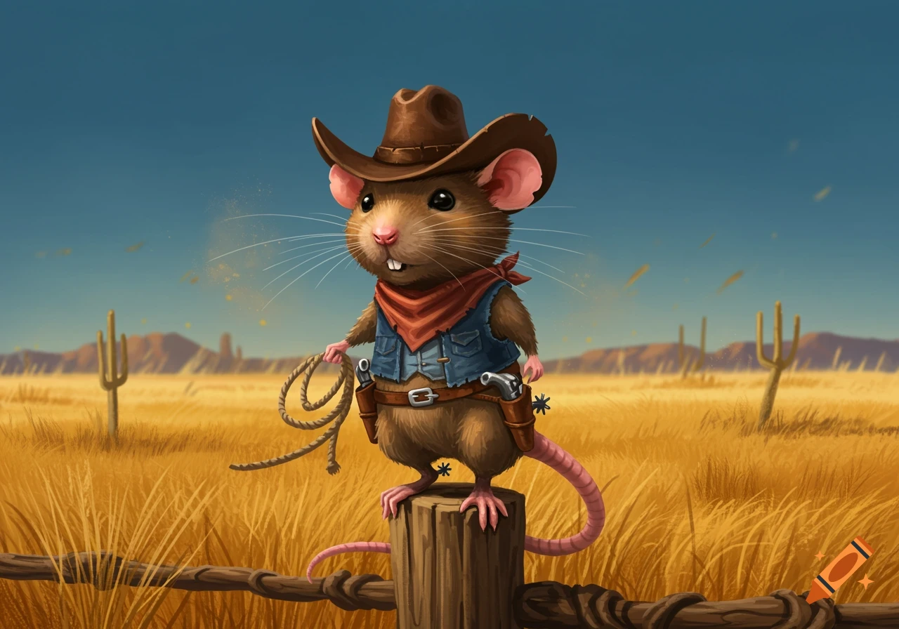 A cute brown rat dressed as a cowboy, holding a lasso and pistols, standing on a wooden post in a field of golden grass.
