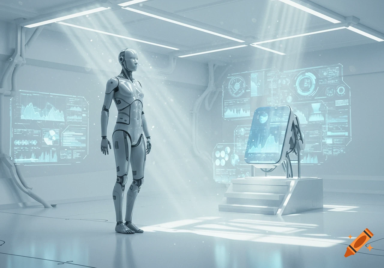 A humanoid robot stands in a futuristic, pristine white laboratory filled with glowing holographic displays showing data visualizations.