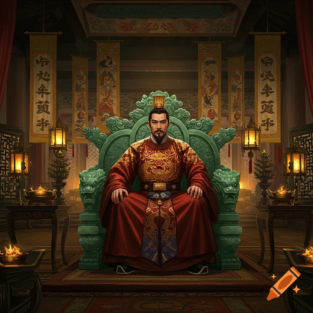 A Chinese emperor in red and gold robes sits regally on an ornate green throne in a richly decorated chamber.