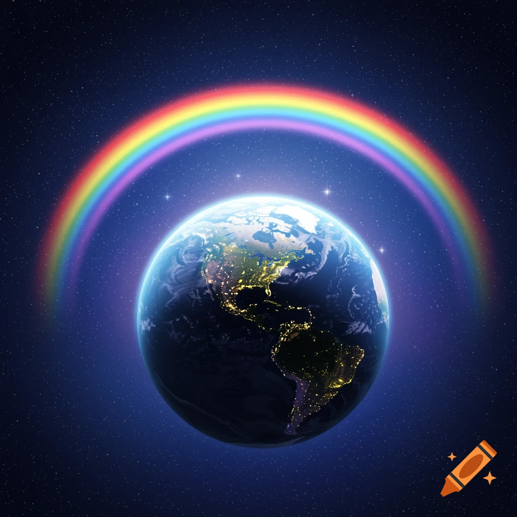 Photorealistic image of Earth seen from space, with a vibrant rainbow arcing above it against a starry background.