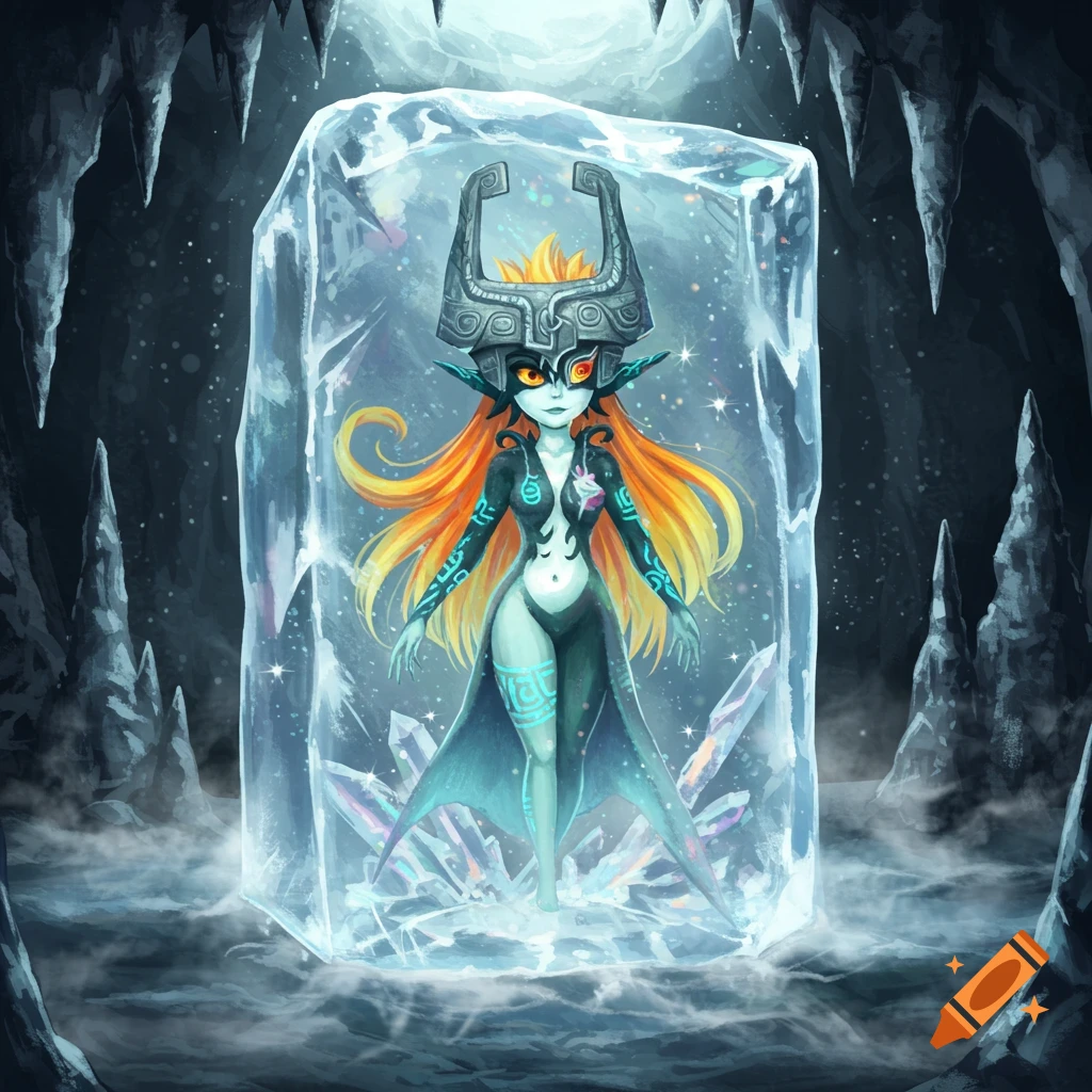 Midna in her true form, with orange hair and a dark outfit, frozen in a block of ice inside a dimly lit icy cave.